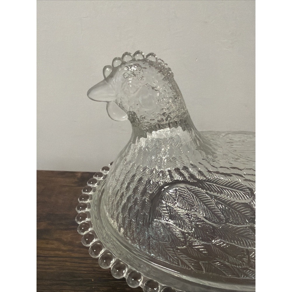 VTG Indiana Glass Oval "Hen On Nest" Covered Dish w/Beaded Edge 7 in, CLEAR - Picture 3 of 8